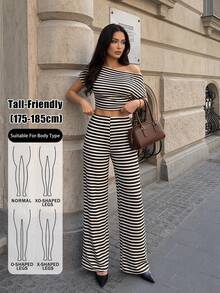 SHEIN Tall Setelan Atasan Lengan Pendek Bergaris Cokelat Kopi dengan Bahu Asimetris dan Celana Pendek Pinggang Rendah untuk Wanita Tinggi - Coffee Brown - View 4