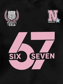 SHEIN 女童時尚休閒街頭風運動黑色與粉色 67 字母標語圖案印花運動衫 返校季秋冬穿搭 - 黑色 - 查看 6