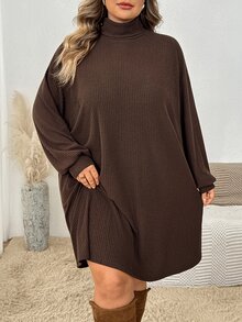 SHEIN CURVE+ Plus Size Women's Casual Ribbed Long Sleeve Dress, Plus Size Christmas Brown, Autumn/Winter Dress 8XL Fall - Brown - View 8