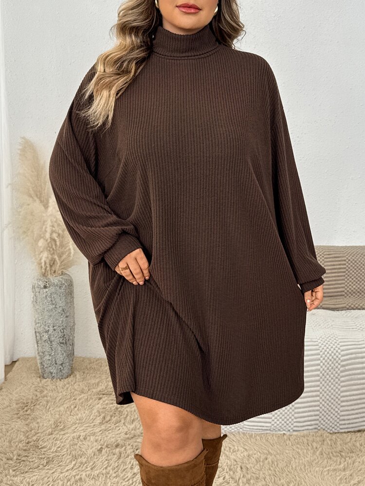 SHEIN CURVE+ 大尺碼女款休閒羅紋長袖洋裝，聖誕棕色，秋冬洋裝 8XL - 棕色 - 查看 8