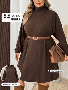 SHEIN CURVE+ Plus Size Women's Casual Ribbed Long Sleeve Dress, Plus Size Christmas Brown, Autumn/Winter Dress 8XL Fall - Brown - View 10