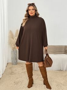 SHEIN CURVE+ Plus Size Women's Casual Ribbed Long Sleeve Dress, Plus Size Christmas Brown, Autumn/Winter Dress 8XL Fall - Brown - View 6