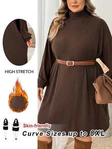 SHEIN CURVE+ Plus Size Women's Casual Ribbed Long Sleeve Dress, Plus Size Christmas Brown, Autumn/Winter Dress 8XL Fall - Brown - View 1
