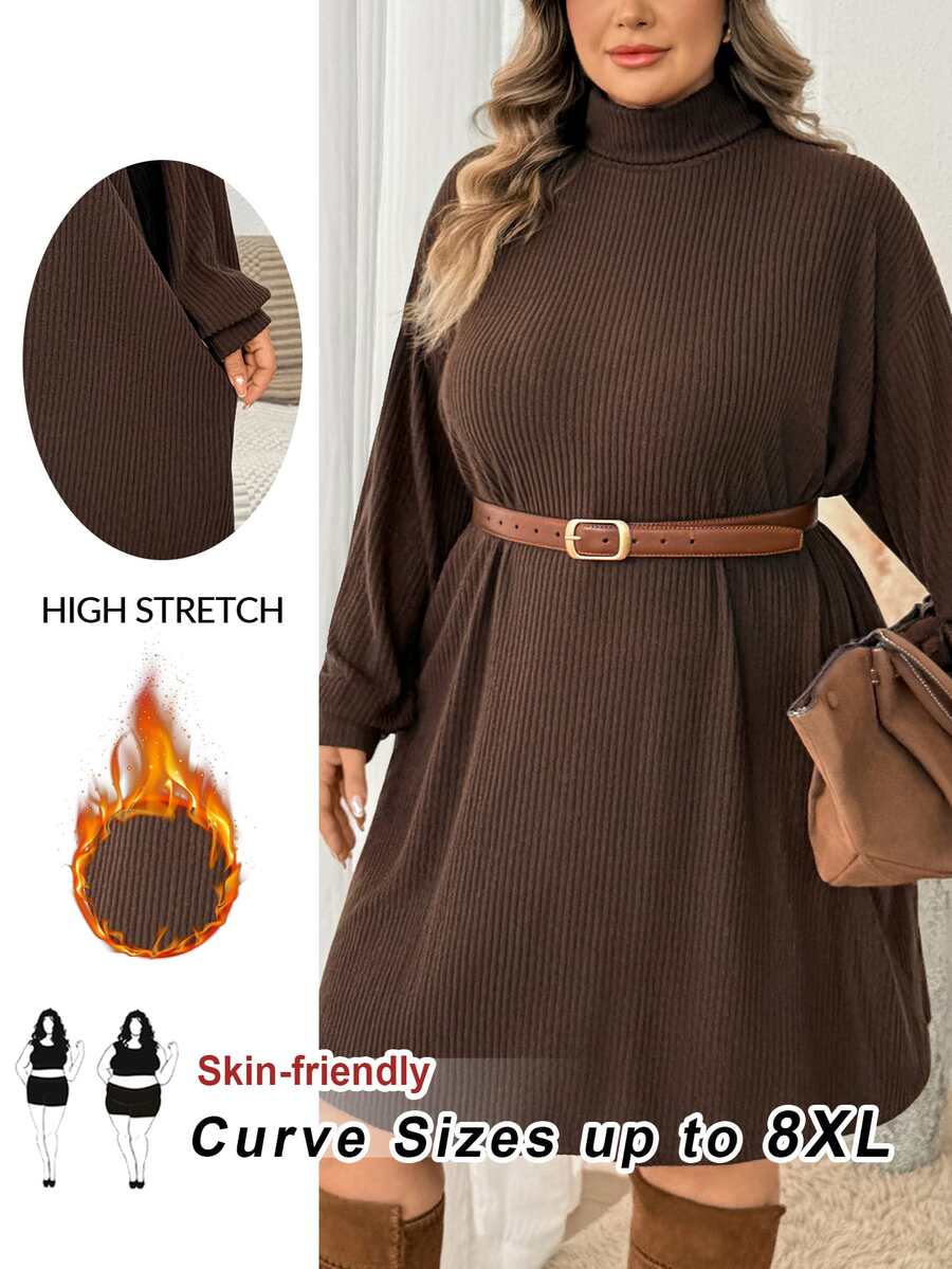 SHEIN CURVE+ Plus Size Women's Casual Ribbed Long Sleeve Dress, Plus Size Christmas Brown, Autumn/Winter Dress 8XL Fall - Brown - View 1