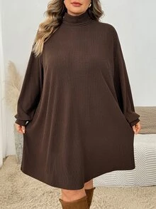SHEIN CURVE+ Plus Size Women's Casual Ribbed Long Sleeve Dress, Plus Size Christmas Brown, Autumn/Winter Dress 8XL Fall - Brown - View 4