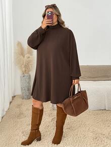 SHEIN CURVE+ Plus Size Women's Casual Ribbed Long Sleeve Dress, Plus Size Christmas Brown, Autumn/Winter Dress 8XL Fall - Brown - View 5