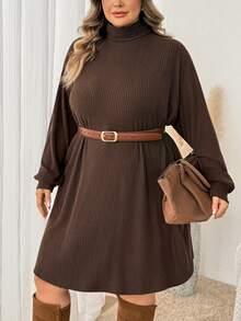 SHEIN CURVE+ Plus Size Women's Casual Ribbed Long Sleeve Dress, Plus Size Christmas Brown, Autumn/Winter Dress 8XL Fall - Brown - View 9