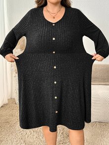 SHEIN CURVE+ Plus Size Women Solid Color Round Neck Long Sleeve Button Design Casual Dress Spring Autumn Winter - Grey - View 4