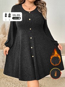 SHEIN CURVE+ Plus Size Women Solid Color Round Neck Long Sleeve Button Design Casual Dress Spring Autumn Winter - Grey - View 1