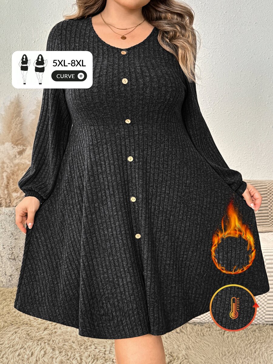 SHEIN CURVE+ Plus Size Women Solid Color Round Neck Long Sleeve Button Design Casual Dress Spring Autumn Winter - Grey - View 1