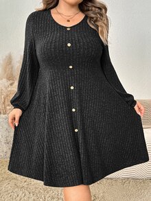 SHEIN CURVE+ Plus Size Women Solid Color Round Neck Long Sleeve Button Design Casual Dress Spring Autumn Winter - Grey - View 9