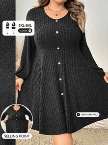 SHEIN CURVE+ Plus Size Women Solid Color Round Neck Long Sleeve Button Design Casual Dress Spring Autumn Winter - Grey - View 8