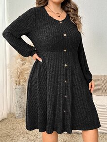 SHEIN CURVE+ Plus Size Women Solid Color Round Neck Long Sleeve Button Design Casual Dress Spring Autumn Winter - Grey - View 5