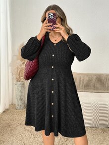 SHEIN CURVE+ Plus Size Women Solid Color Round Neck Long Sleeve Button Design Casual Dress Spring Autumn Winter - Grey - View 7