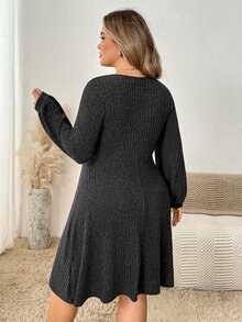 SHEIN CURVE+ Plus Size Women Solid Color Round Neck Long Sleeve Button Design Casual Dress Spring Autumn Winter - Grey - View 2