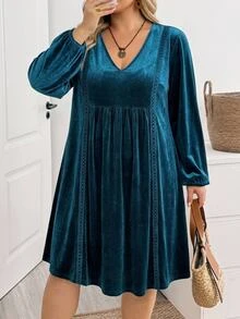 SHEIN CURVE+ Plus Size Women's Autumn/Winter V-Neck Long Sleeve Velvet Lace Trim Patchwork Blue Dress Fall - Blue - View 4
