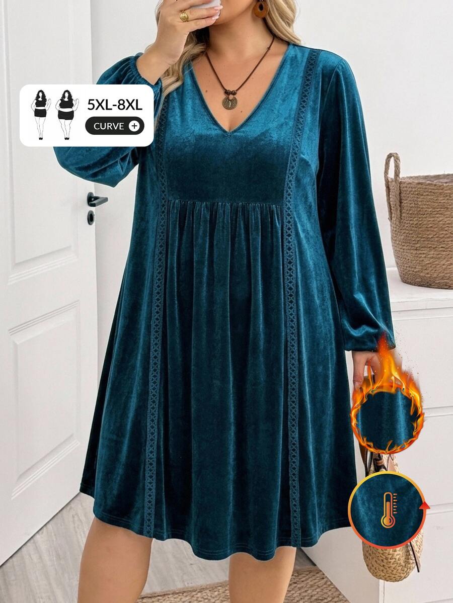 SHEIN CURVE+ Plus Size Women's Autumn/Winter V-Neck Long Sleeve Velvet Lace Trim Patchwork Blue Dress Fall - Blue - View 1