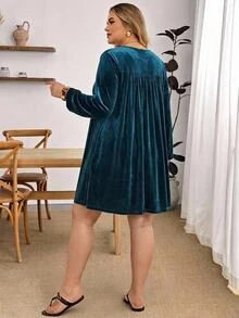 SHEIN CURVE+ Plus Size Women's Autumn/Winter V-Neck Long Sleeve Velvet Lace Trim Patchwork Blue Dress Fall - Blue - View 2