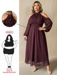 SHEIN CURVE+ Plus Size Elegant Pleated Off-Shoulder French Style Dress Fall - Burgundy - View 1
