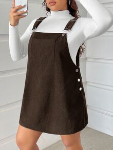 SHEIN CURVE+ Plus Size Corduroy Overall Dress, Casual Loose Fit, Autumn/Winter Fall - Brown - View 3