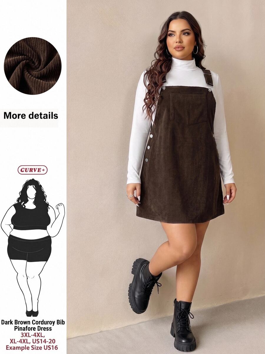 SHEIN CURVE+ 大尺碼燈芯絨吊帶洋裝,休閒寬鬆版型,秋冬季適用 - 棕色 - 查看 1