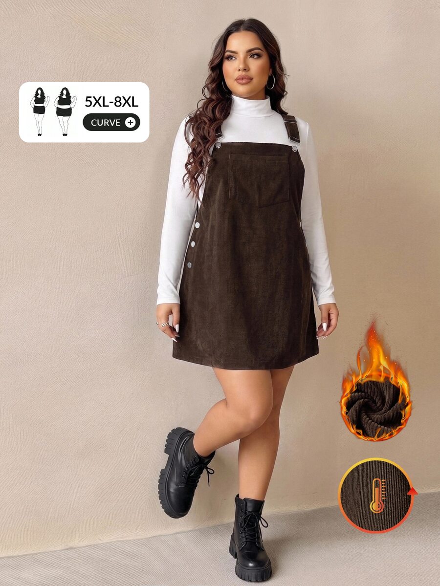 SHEIN CURVE+ Plus Size Corduroy Overall Dress, Casual Loose Fit, Autumn/Winter Fall - Brown - View 1