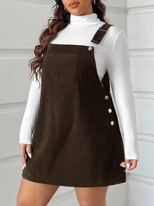 SHEIN CURVE+ Plus Size Corduroy Overall Dress, Casual Loose Fit, Autumn/Winter Fall - Brown - View 6