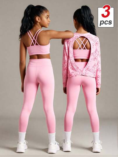 SHEIN Set sportivo da 3 pezzi per ragazze, canotta con spalline incrociate sulla schiena + pantaloni lunghi aderenti + maglietta coprente a maniche lunghe con stampa di fiocchi rosa e schiena scoperta, molteplici stili di abbinamento, adatto per yoga, sport all'aperto, abbigliamento casual quotidiano, facile da abbinare, autunno/inverno