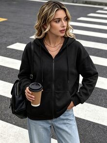 DrmWander Sweatshirt Hoodie Lengan Panjang Minimalis Ukuran Besar dengan Resleting untuk Pemakaian Sehari-hari - MultiWarna - View 1