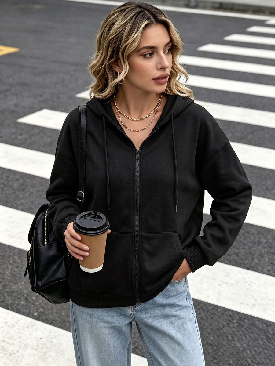 DrmWander Sweatshirt Hoodie Lengan Panjang Minimalis Ukuran Besar dengan Resleting untuk Pemakaian Sehari-hari - MultiWarna - View 1