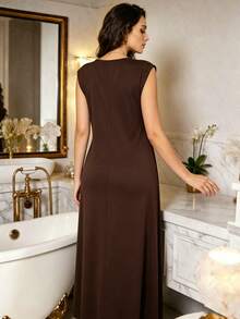 Yasmyna Elegant Commuter Solid Color Sleeveless Long Dress - Coffee Brown - View 3