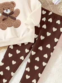 Young Girls 1 Set Fall Outfits Cute Teddy Bear & Heart Print Crew Neck Sweatshirt With Leggings Fall Clothes Winter - Multicolor - View 5