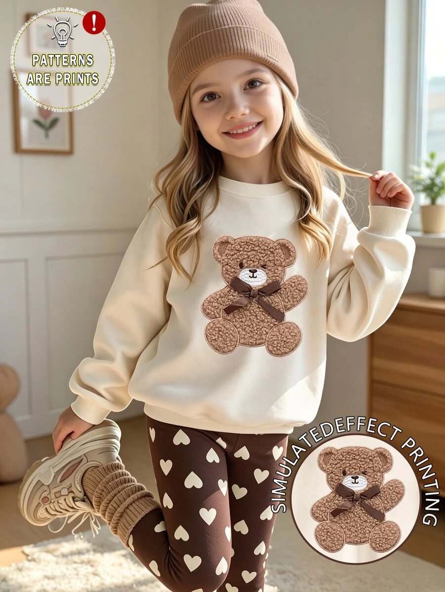 Young Girls 1 Set Fall Outfits Cute Teddy Bear & Heart Print Crew Neck Sweatshirt With Leggings Fall Clothes Winter - Multicolor - View 1