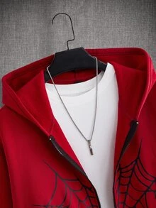 HIMLAND Loose Fit Men's Spider Web Print Zip Up Hoodie,Fleece,Oversized Pullover,Crew Neck T-Shirt,Patchwork T-Shirt Halloween Winter Party Autumn - Red - View 4