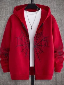 HIMLAND Loose Fit Men's Spider Web Print Zip Up Hoodie,Fleece,Oversized Pullover,Crew Neck T-Shirt,Patchwork T-Shirt Halloween Winter Party Autumn - Red - View 1