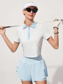 CourtClass CourtClass 女士撞色 Polo 领纽扣半开襟休闲百搭日常高尔夫 Polo 衫，短袖 - 白色 - 查看 3