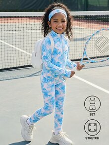青少年女孩藍色花卉運動服套裝 拉鍊長袖外套與緊身褲兩件式運動服 適合運動健身、秋季穿著、萬聖節、學校 - 藍色 - 查看 3