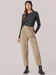 SHEIN BASICS Women's Minimalist Casual All-Match Versatile Long Sleeve T-Shirt For Daily Wear Everyday House Charcoal Gray Autumn - Khaki - View 5