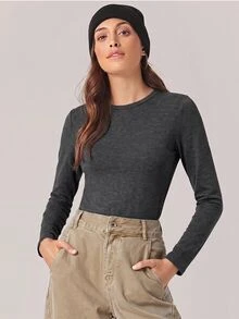SHEIN BASICS Women's Minimalist Casual All-Match Versatile Long Sleeve T-Shirt For Daily Wear Everyday House Charcoal Gray Autumn - Khaki - View 4