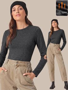 SHEIN BASICS Women's Minimalist Casual All-Match Versatile Long Sleeve T-Shirt For Daily Wear Everyday House Charcoal Gray Autumn - Khaki - View 1