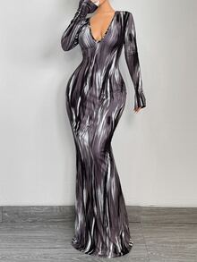 SHEIN SXY Prom Dress;Sexy Casual Woman Line Gradient Pattern V-Neck Long Sleeve Maxi Slim Dress Night Out Going Out Black And White Autumn - Multicolor - View 5
