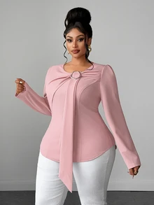Maweii Plus Size Women's Elegant Dusty Pink Commuter T-Shirt, 3D Waist-Cinching Slimming Design Fall - Pink - View 4