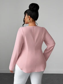 Maweii Plus Size Women's Elegant Dusty Pink Commuter T-Shirt, 3D Waist-Cinching Slimming Design Fall - Pink - View 2