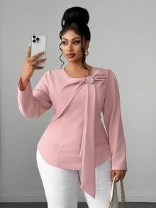 Maweii Plus Size Women's Elegant Dusty Pink Commuter T-Shirt, 3D Waist-Cinching Slimming Design Fall - Pink - View 3
