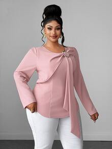 Maweii Plus Size Women's Elegant Dusty Pink Commuter T-Shirt, 3D Waist-Cinching Slimming Design Fall - Pink - View 7