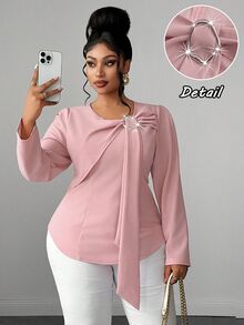 Maweii Plus Size Women's Elegant Dusty Pink Commuter T-Shirt, 3D Waist-Cinching Slimming Design Fall - Pink - View 1