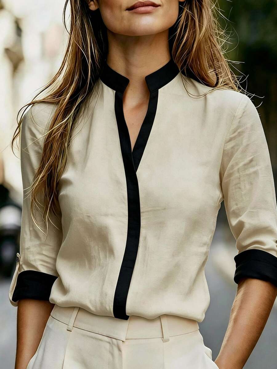 SHEIN 女款優雅法式軟質紋理拼色襯衫 半開領可調袖口 日常休閒上衣 教師節辦公穿搭 米色秋季