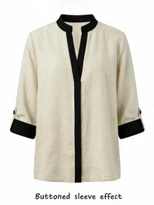 SHEIN 女款優雅法式軟質紋理拼色襯衫 半開領可調袖口 日常休閒上衣 教師節辦公穿搭 米色秋季 - 卡其色 - 查看 7