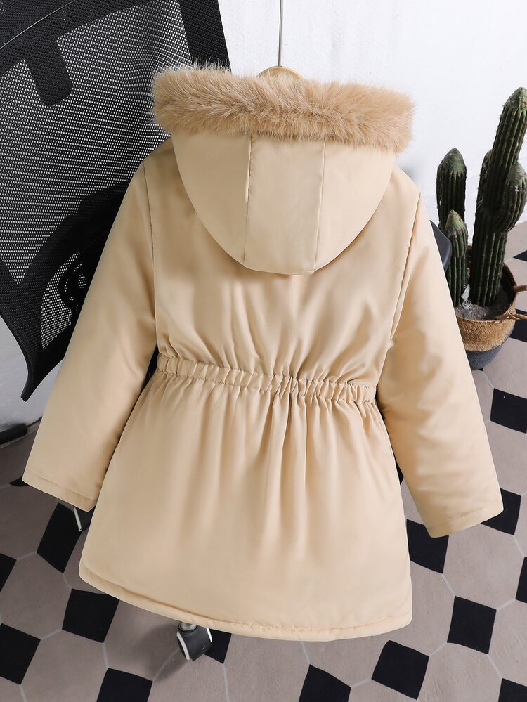 SHEIN Tween Girl Long Sleeve Fleece Winter Fashion Mid-Length Hooded Cinched Waist Thermal Lined Padded Coat Loose Fit School Off-White Modest Graphic - Apricot - View 9