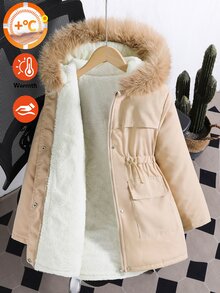 SHEIN 大女孩長袖抓絨冬季中長款連帽收腰保暖內裡加厚外套 寬鬆版型 校園米白色可愛圖案 Club - 杏色 - 查看 6